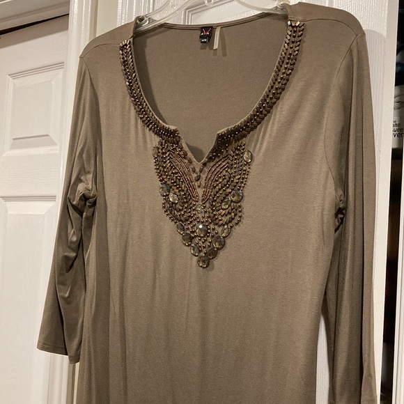 AVA Olive Green 3/4 Sleeve Embellished Top W/Brass/Copper/Smokey Beads - Sz M - Picture 11 of 11